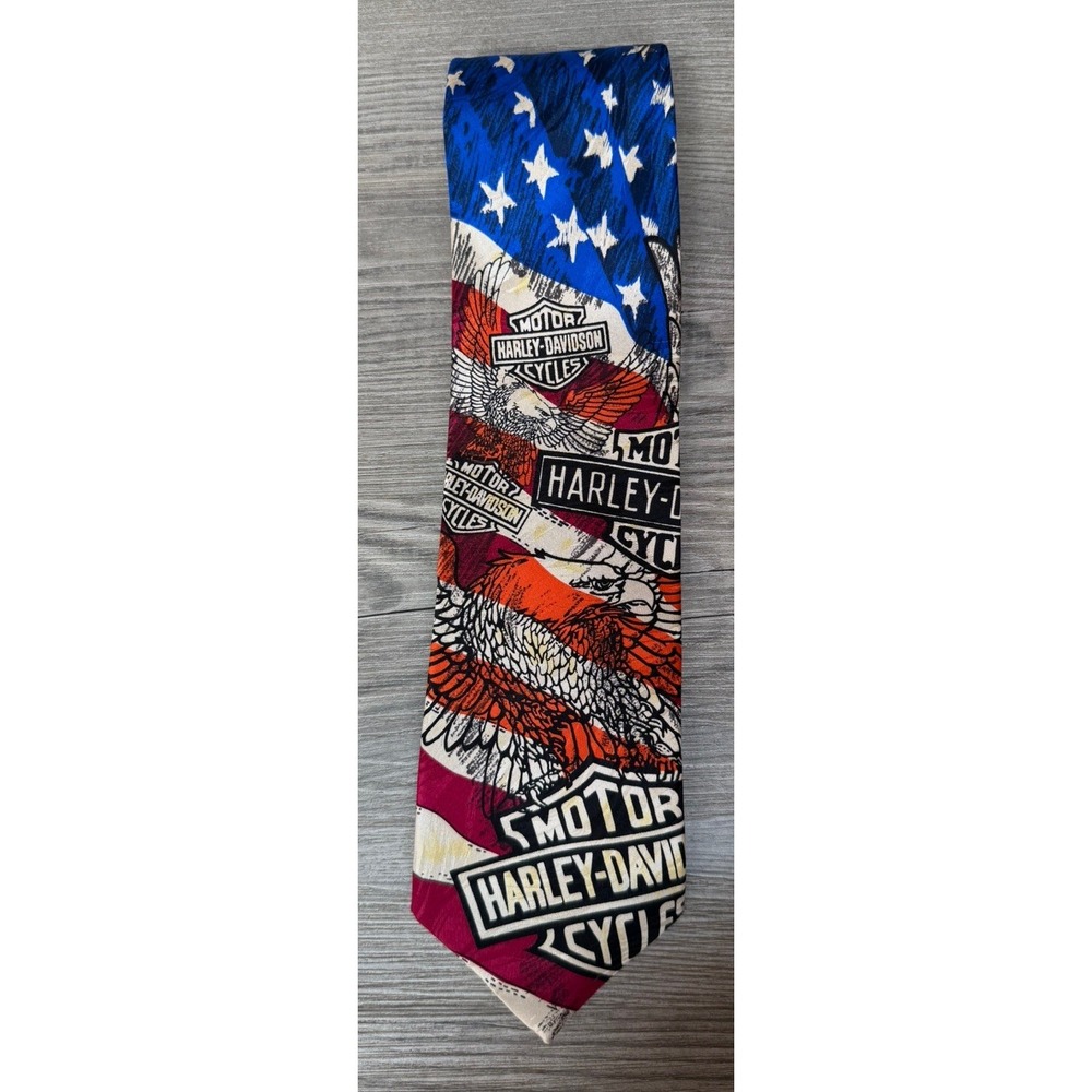 Vintage 1993 Harley Davidson Ralph Marlin Silk Tie Eagle American Flag USA